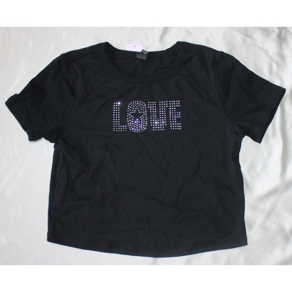 Wild Fable Shirt Womens Black Cropped Short Sleeve Love Tee Cotton Blend size XL